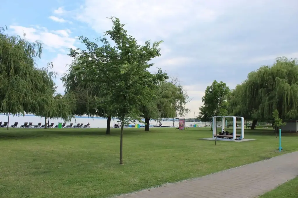 Park scene with green grass, multiple trees, a paved path, and lounge chairs along a fence by a water body in the background.