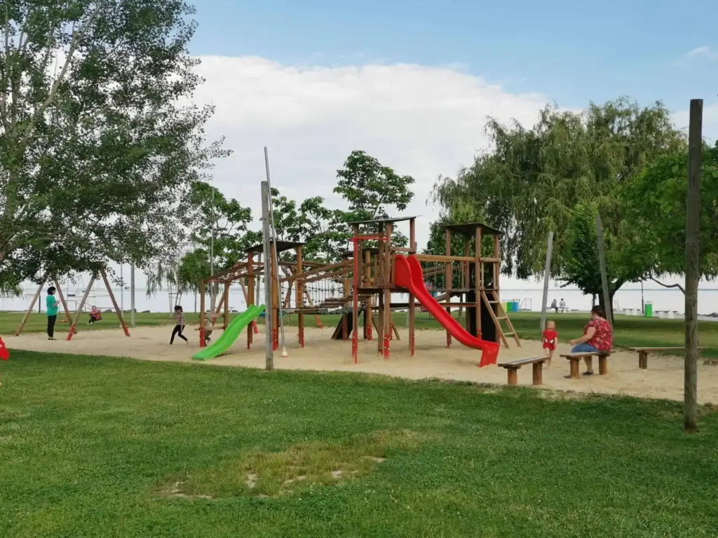 Children playing on a wooden playground with red and green slides in a grassy park near trees and water in the background.