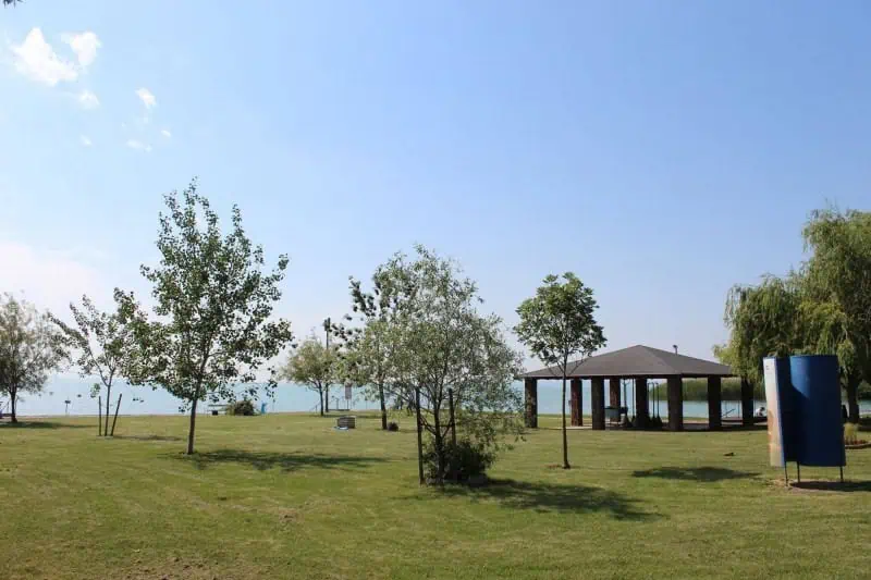 Park by the water with green lawn, several trees, and a shaded pavilion under a clear blue sky.
