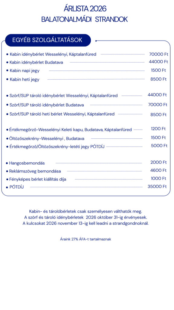 Árlisztá 2026 Balatonalmádi strandok – árlistás szolgáltatások és árak (Ft)